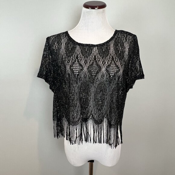 Women’s Large Black Navy Glitter Crochet Mesh Crop Top Short Sleeve Shirt - Picture 1 of 10
